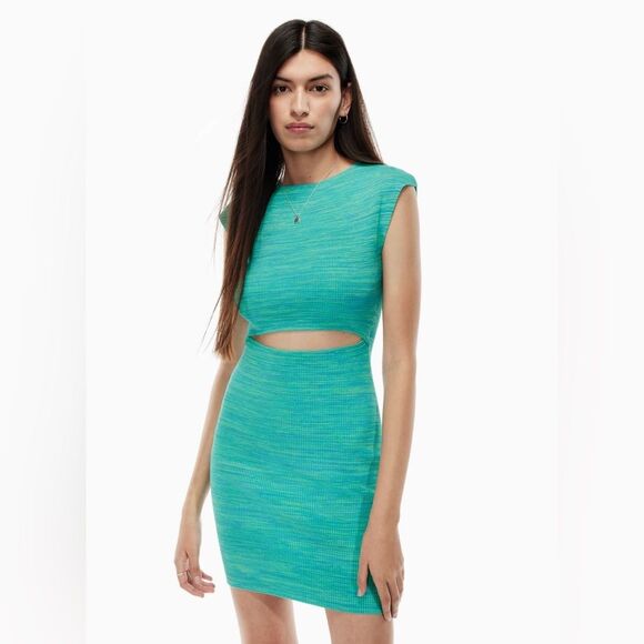 Aritzia Wilfred Free Cut-Out Knit Mini Dress Space Dye Aqua Teal Medium - Picture 1 of 10